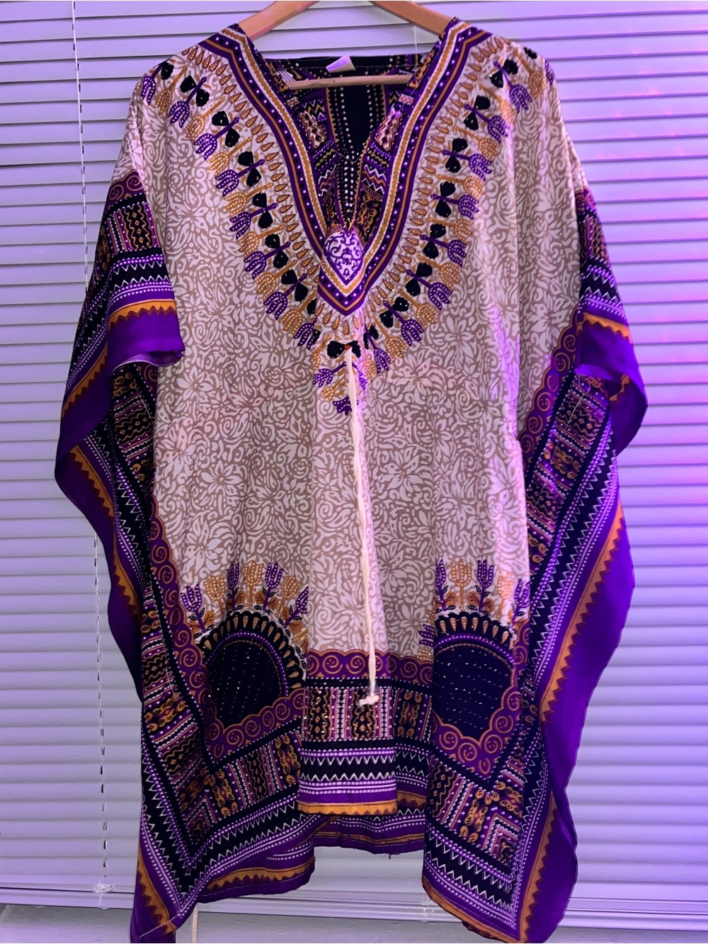 Purple & Cream Boho V-Neck Tunic with Tassel Tie